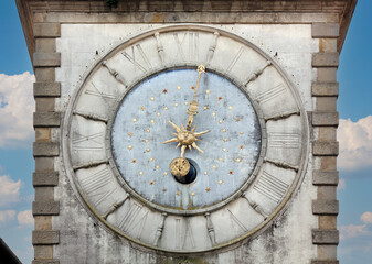 Close-up of the astronomical clock of the Civic Tower of Porta Vecchia in Este, Italy, dating back to the 17th Century