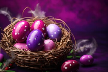 Fototapeta na wymiar a wicker basket filled with painted eggs on a purple and purple background with feathers in the middle of the basket.