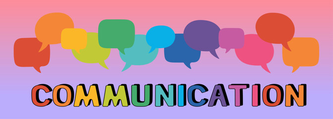  The word communication and colorful speech bubbles. Rainbow colored inscription. Hand drawn vector illustration isolated on gradient background. Modern flat cartoon style.