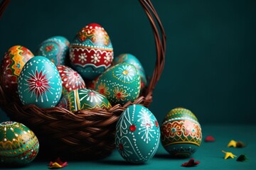  a basket filled with colorful painted eggs on top of a blue surface with confetti sprinkles.