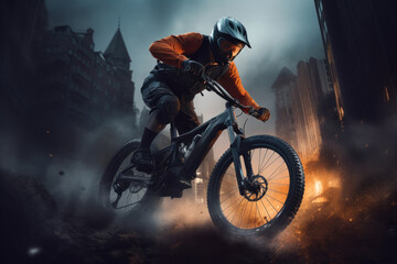 a male mountain biker riding through a city.