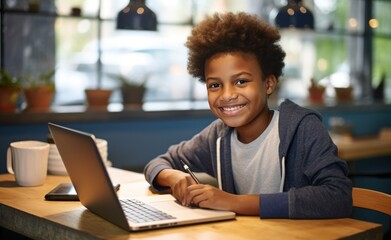 a small black boy working on his laptop computer at a desk with a smile