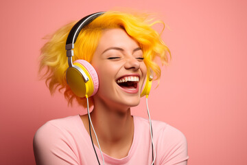 Young pink haired woman over isolated colorful background listening music with headphones