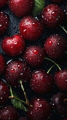 Water droplets on red ripe cherries, black dark color background