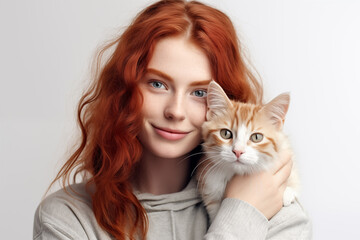 Young pretty redhead girl over isolated white background with a cat