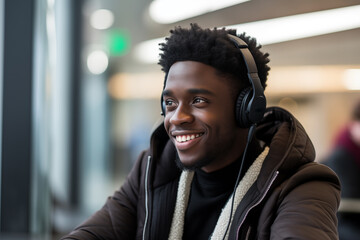 Young African American man listening music with headphones
