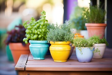 Fototapeta na wymiar colorful ceramic pots with basil, thyme, and parsley