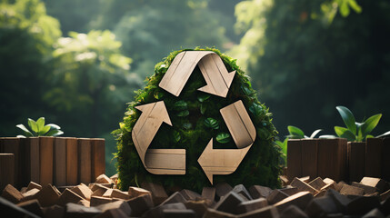 shape of a recycling sign in the middle of untouched nature. An ecological metaphor for ecological waste management and a sustainable and economical lifestyle. 3d rendering.
