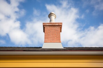 closeup of central chimney cap on a saltbox roof against cloudy sky