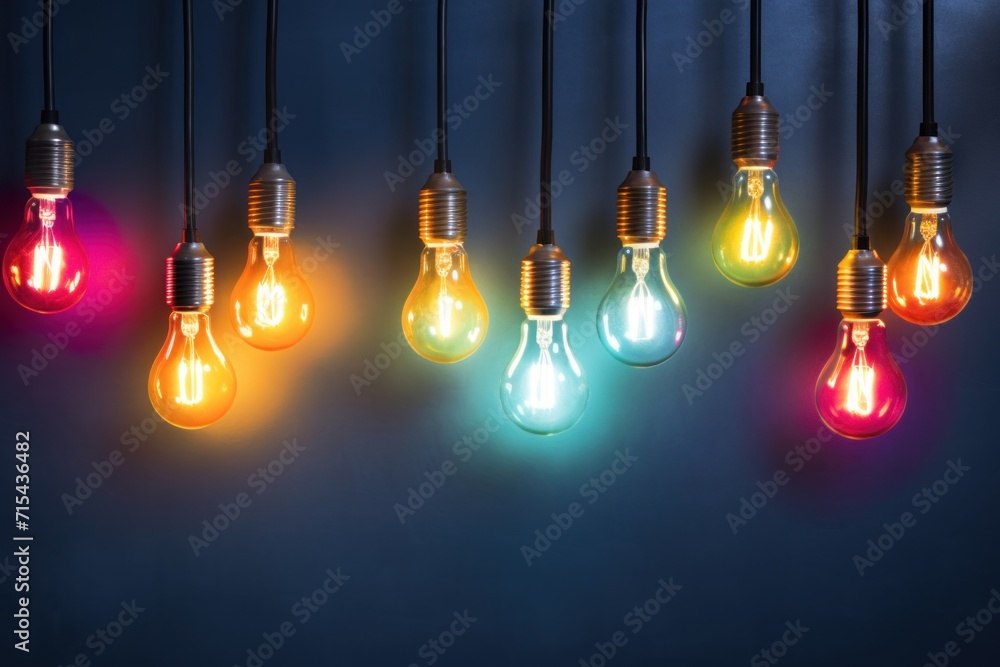 Aufkleber a group of light bulbs hanging from a line of lights that are lit up in different colors of the same