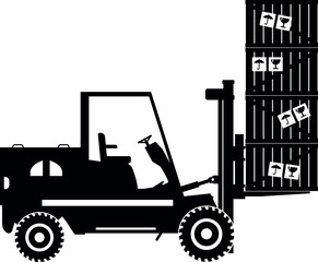 Silhouette of Wheel Forklift with Wooden Boxes Icon in Flat Style. Vector Illustration