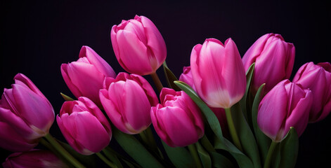 Fototapeta premium beautiful background of burgundy tulip flowers on dark background, floral spring natural background