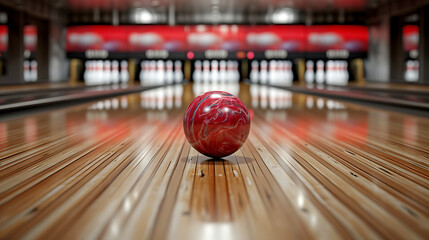  bowling ball hitting pins in a bowling alley, in the style of photorealism, energetic - obrazy, fototapety, plakaty