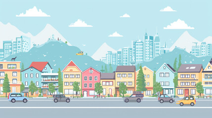 Obraz na płótnie Canvas Flat vector outline style illustration of urban landscape street with cars skyline city office buildings family houses in small town and mountain in background. 