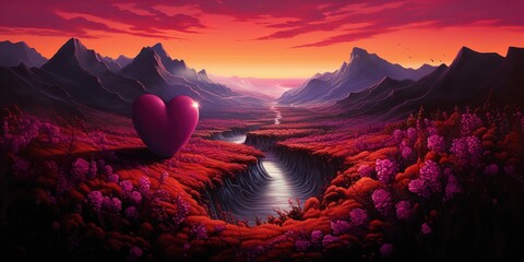 an illustration of a red landscape with trees forming a heart