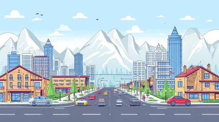 Foto op Plexiglas Flat vector outline style illustration of urban landscape street with cars skyline city office buildings family houses in small town and mountain in background.  © imlane