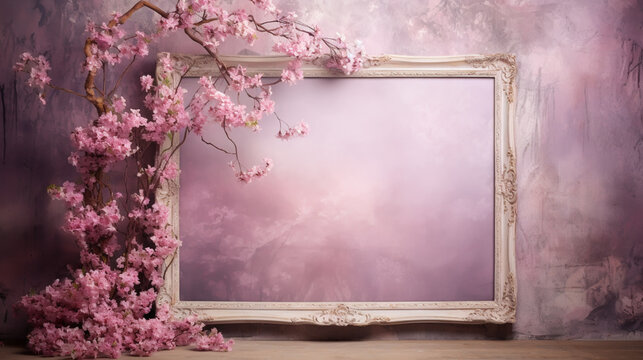 Cherry blossom, sakura branch with pink flowers on white frame and sweet pink background. Image of springtime.