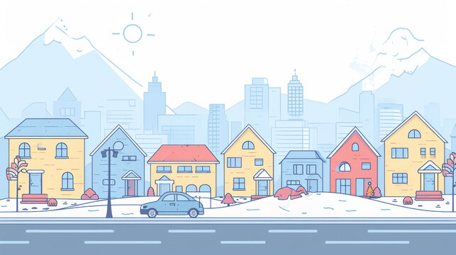 Flat vector outline style illustration of urban landscape street with cars skyline city office buildings family houses in small town and mountain in background. 