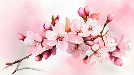 blossoming branch of a cherry apple tree, spring background of a pleasant peach color, copy space, place for text, gentle minimalistic