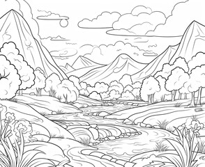 Black and white illustration for coloring natural landscape with house.