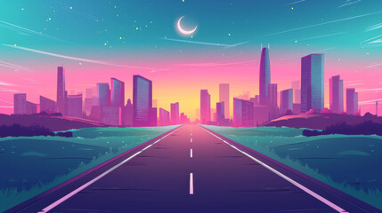 Fototapeta premium Empty highway road to city early morning landscape with skyscraper buildings under pink sky with crescent.