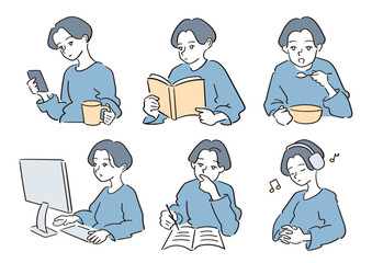 人物のイラスト素材セット。仕事や暮らしをテーマにした挿絵。働く、休む、勉強する、食べるなど。