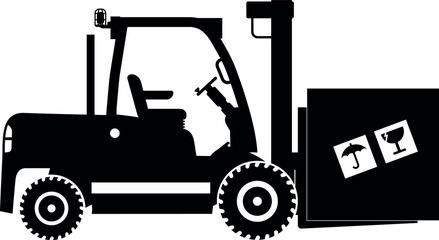 Silhouette of Wheel Forklift with Fragile Cargo Box Icon in Flat Style. Vector Illustration