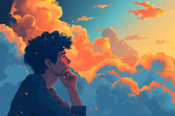Abstract illustration depicting a man immersed in thought, surrounded by colorful, cloudy clouds. Symbolizing the concept of creative thinking and generating ideas. A man thinking illustration.