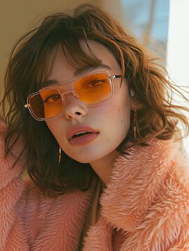 Abstract minimalist peach fuzz pantone color person. Charming style, pink elements.