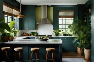 Green Living: Realistic Modern Kitchen Room Greenery Film Capture of Indoor Jungle Paradise - obrazy, fototapety, plakaty