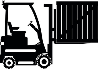 Silhouette of Wheel Forklift with Wooden Container Icon in Flat Style. Vector Illustration