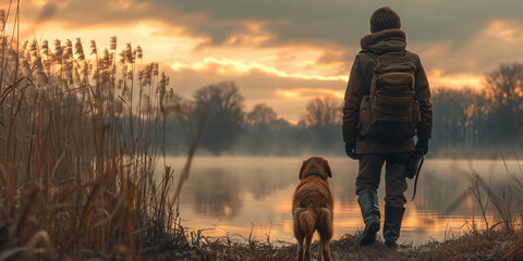 A man and his faithful dog enjoy a walk through a beautiful autumn landscape during sunset. - obrazy, fototapety, plakaty