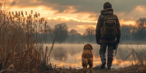  A man and his faithful dog enjoy a walk through a beautiful autumn landscape during sunset. © Iryna