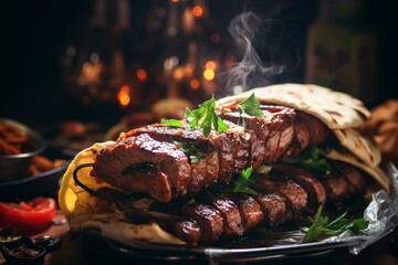 doner kebab on a spit with toasted slices of meat from the grill in a middle eastern fast food restaurant. - obrazy, fototapety, plakaty