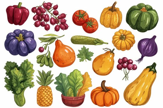 Autumn harvest fruits and vegetable. Clipart illustration set. Watercolor style
