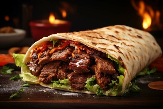 doner kebab on a spit with toasted slices of meat from the grill in a middle eastern fast food restaurant.