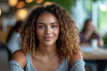 Happy young African woman with curly hair exudes confidence and joy in a natural portrait.