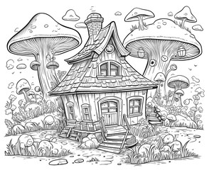 Black and white illustration for coloring fairy house, building.