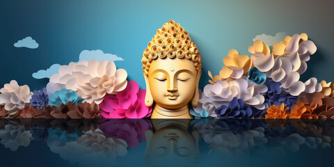 golden Buddha face colorful paper cut clouds and colorful blossom flowers, nature background