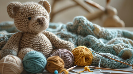 A handmade knitted teddy bear with balls of yarn and knitting needles. The concept of manual labor, hobbies, and comfort. Photorealistic, background with bokeh effect.  - obrazy, fototapety, plakaty