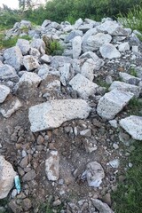 A pile of building rubble on the edge of the forest.