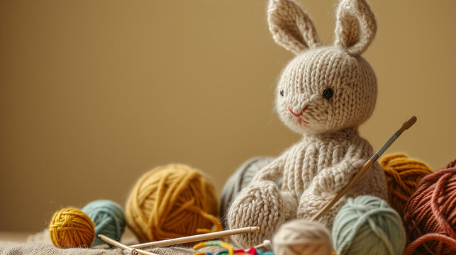 A handmade knitted bunny with balls of yarn and knitting needles. The concept of manual labor, hobbies, and comfort. Photorealistic, background with bokeh effect. AI generated.