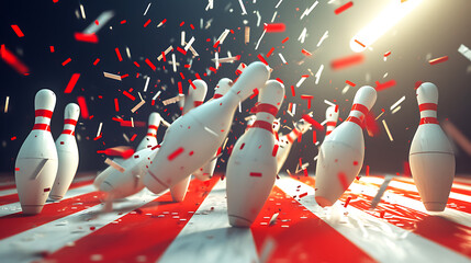 bowling pins and red arrows in motion by motion vector clipart, in the style of photobashing, realistic still lifes with dramatic lighting - obrazy, fototapety, plakaty
