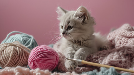 A handmade cute kitten with balls of yarn and knitting needles. The concept of manual labor, hobbies, and comfort. Photorealistic, background with bokeh effect. 