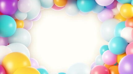 Fototapeta na wymiar Square festive background. Multicolored realistic balloons and falling confetti.