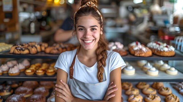 woman in supermarket, a woman standing in front of a display of pastries and desserts in a bakery shop, smiling