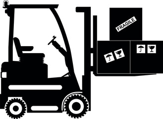 Silhouette of Wheel Forklift with Fragile Cargo Boxes Icon in Flat Style. Vector Illustration