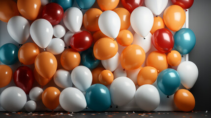 Square festive background. Multicolored realistic balloons and falling confetti.