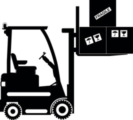 Silhouette of Wheel Forklift with Fragile Cargo Boxes Icon in Flat Style. Vector Illustration