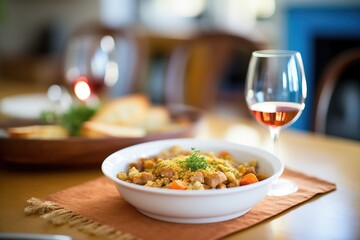 cassoulet ready to eat beside a glass of wine